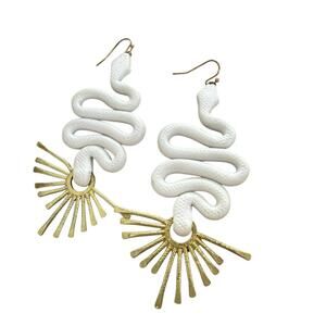 White Gold Polymer Snake Serpent Statement Earrings artisan handmade Boho